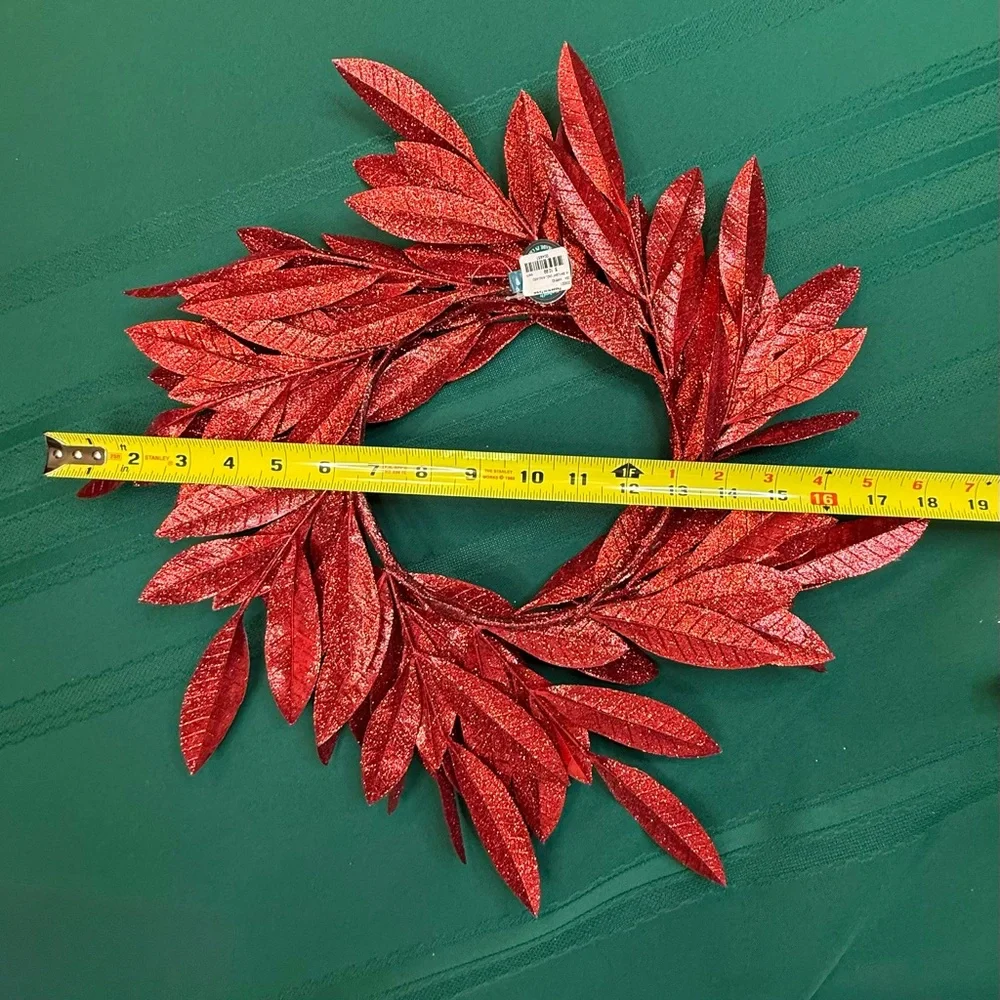 Wreath of Artificial Red Glitter Bay Leaves 18” at Widest Point